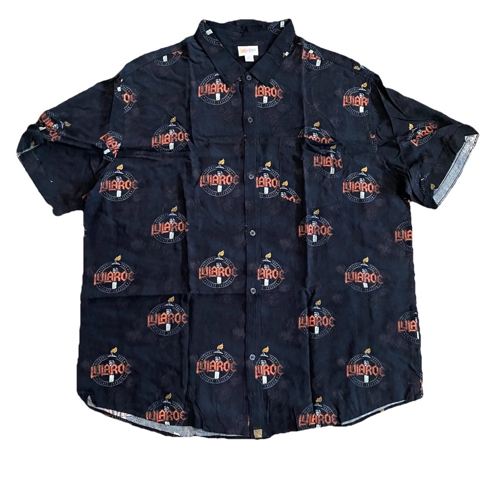 LuLaRoe Men's Dark Blue Button Down Shirt 2XL Short Sleeve Rayon Casual